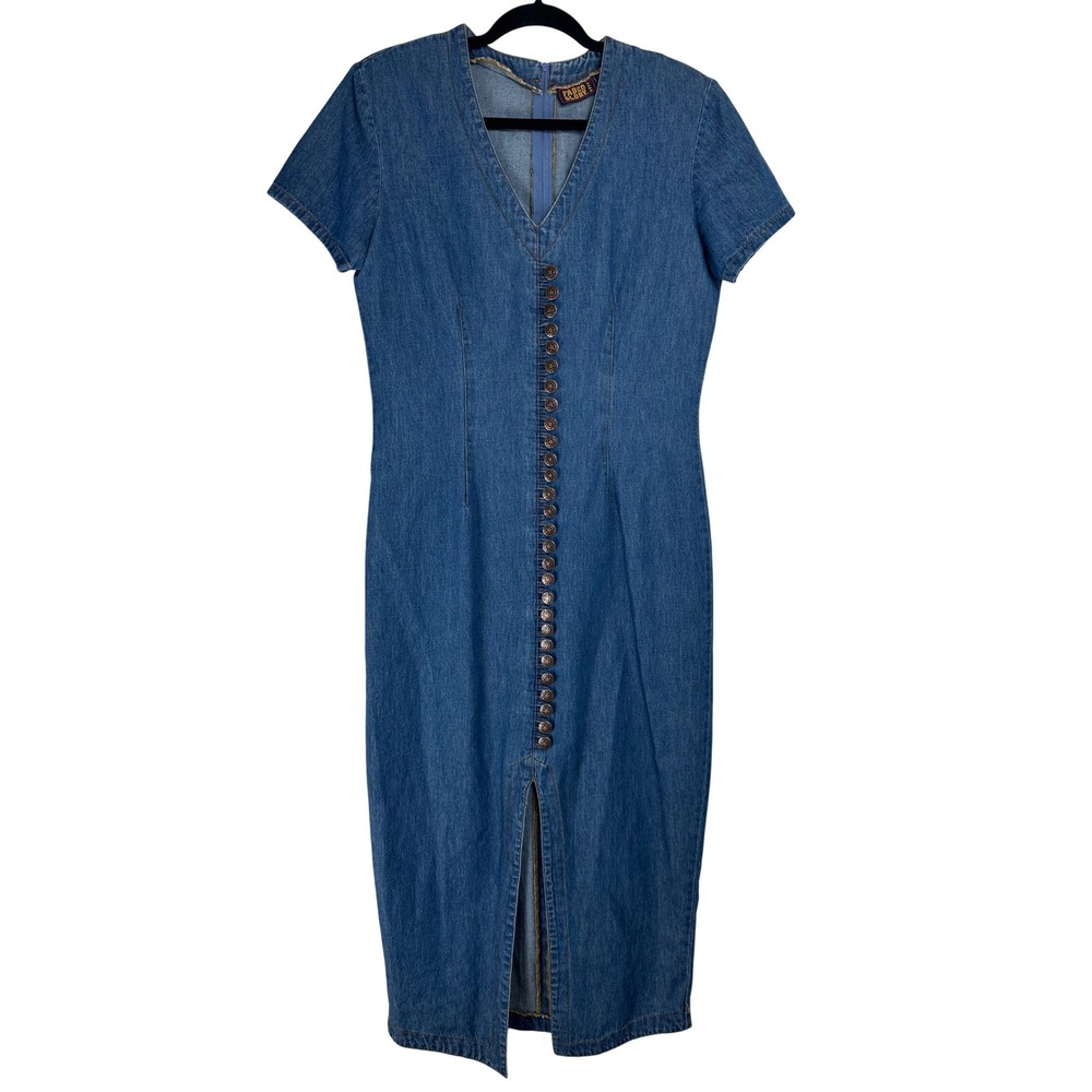 Vintage Faded Glory Denim Midi Dress Blue Star Button Size 10 90s Western Rodeo